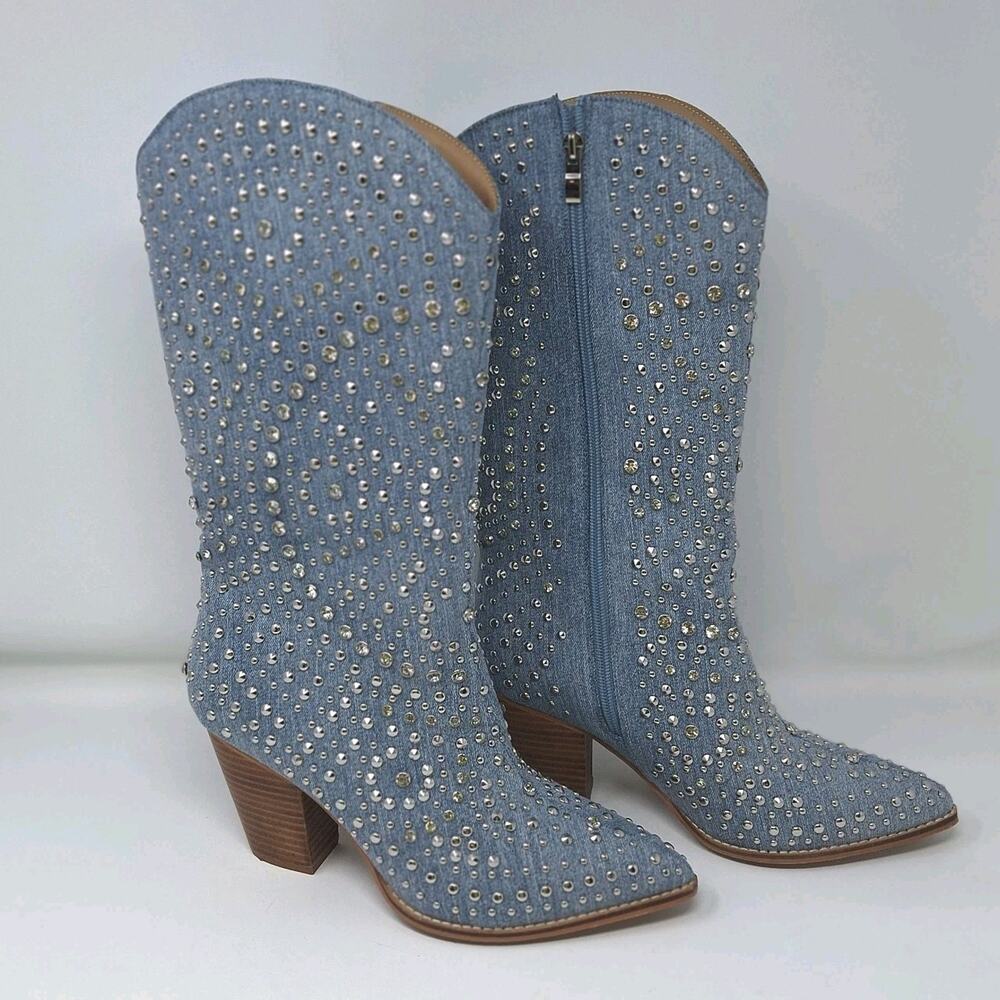Corky's Denim Rhinestone Western Boots Boot Scootin' Chunk Heel Blue Womens 9